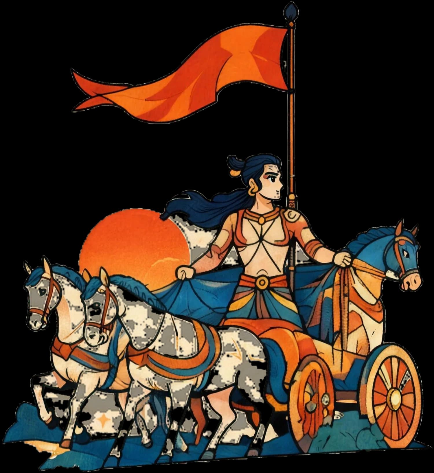 Arjuna rides a chariot drawn by white horses under a saffron flag