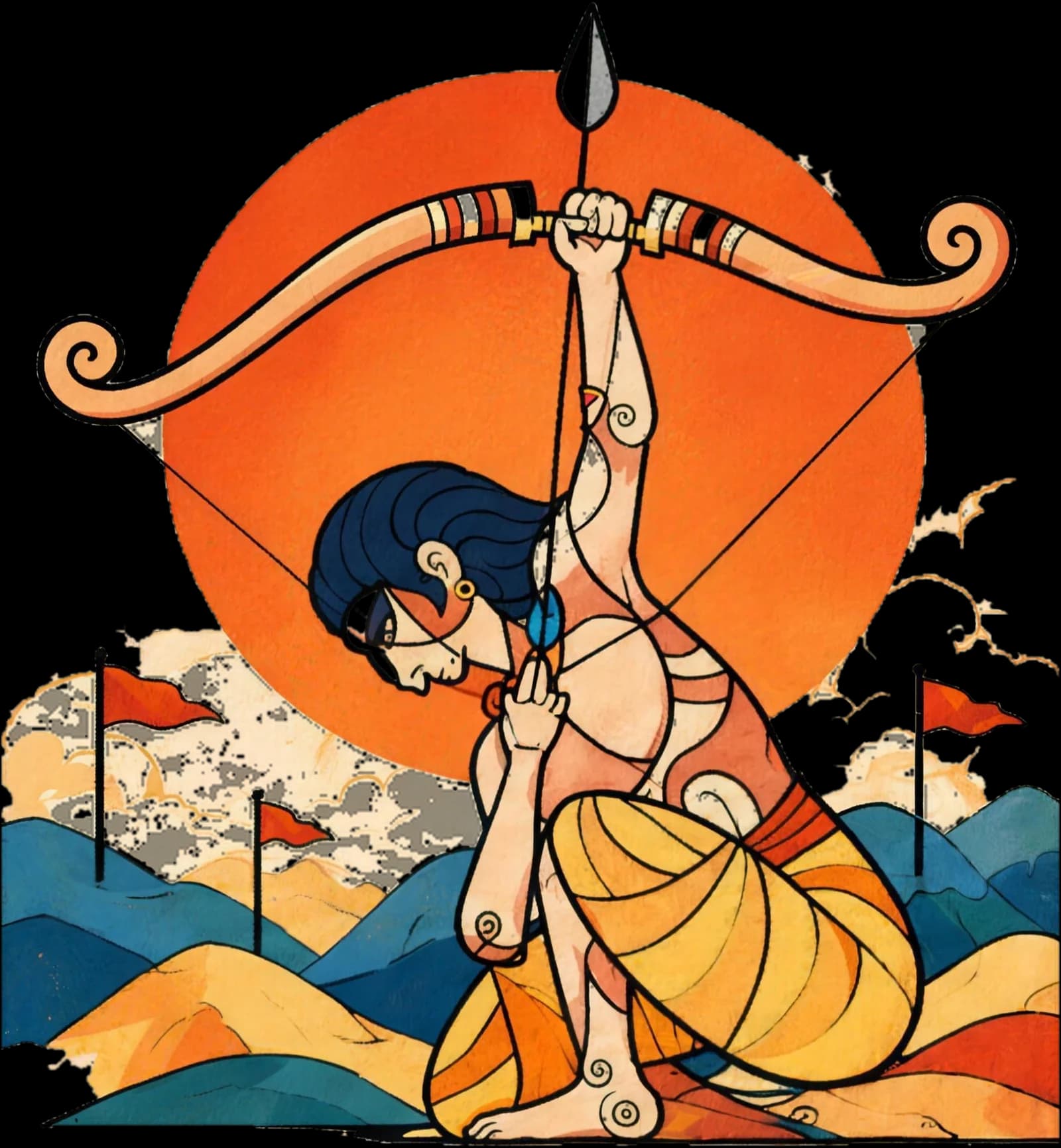 Illustration of Arjuna kneeling and aiming his bow at the sky before a large orange sun, red flags on blue and gold hills