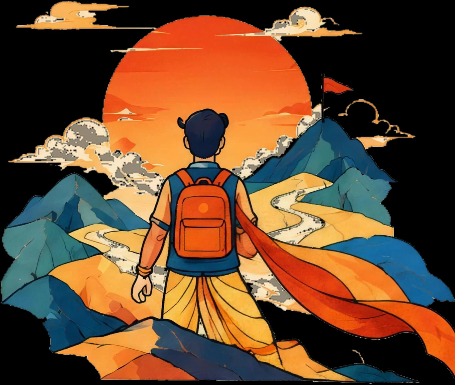 A student with a backpack and saffron scarf walks towards a rising sun over the hills