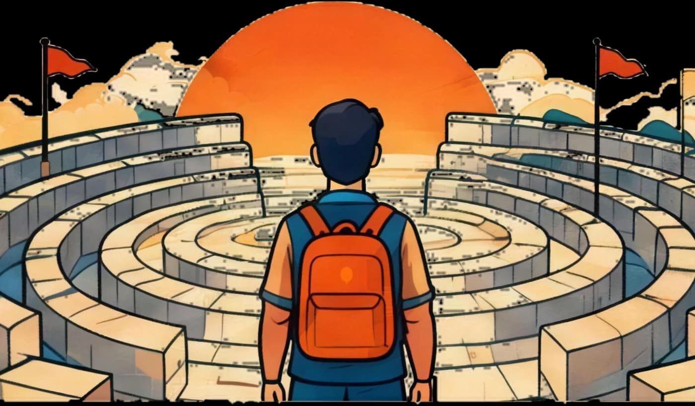 A student with a backpack stands before the spiral maze of the Chakravyuha, red flags around it and an orange sun beyond